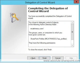 Completing the Delegation of Control Wizard summary page for the SharePoint Profiles account with the Finish button