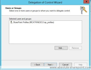 Users or Groups page listing the SharePoint Profiles synchronization account, ready to click Next