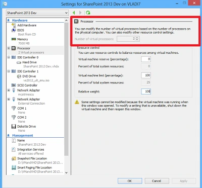 Hyper-V settings for the SharePoint 2013 Dev VM with the Processor page highlighted showing 2 virtual processors