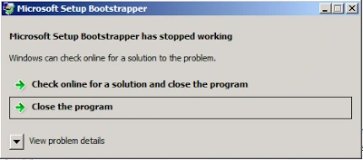 Windows pop-up saying Microsoft Setup Bootstrapper has stopped working, with Check online and Close the program options