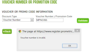 Prometric voucher page showing the Voucher number is invalid error after entering MPNO365 as a voucher