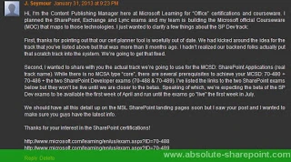 J. Seymour of Microsoft Learning's comment explaining the MCSD SharePoint Applications certification, exams 70-488 and 70-489 and upgrade path