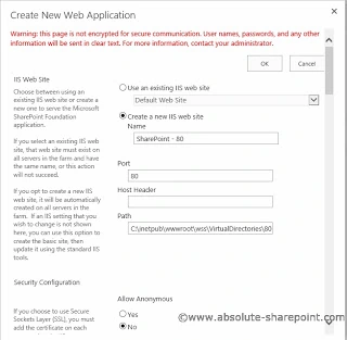 SharePoint Create New Web Application dialog, new IIS web site named SharePoint - 80 on port 80 with an empty Host Header