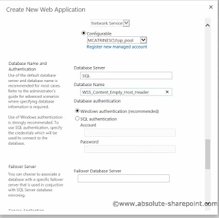 Create New Web Application dialog with sp_pool application pool, database server SQL and database WSS_Content_Empty_Host_Header