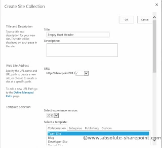 SharePoint 2013 Create Site Collection page, title Empty Host Header, Team Site template selected under Collaboration