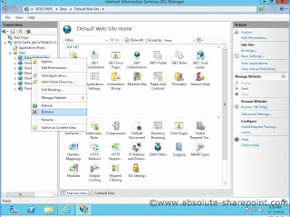 IIS Manager with the right-click menu open on Default Web Site and the Remove option highlighted
