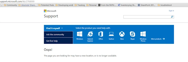 Microsoft Support Oops page for KB2768000 saying the page may have a new location or is no longer available