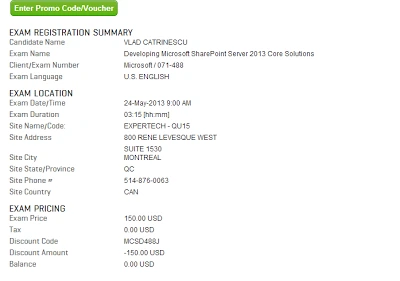 Prometric registration for exam 71-488 SharePoint Server 2013 Core Solutions, discount code MCSD488J, 0.00 USD balance