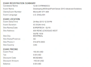 Prometric registration for exam 71-489 SharePoint Server 2013 Advanced Solutions, discount code MCSD489J, 0.00 USD balance