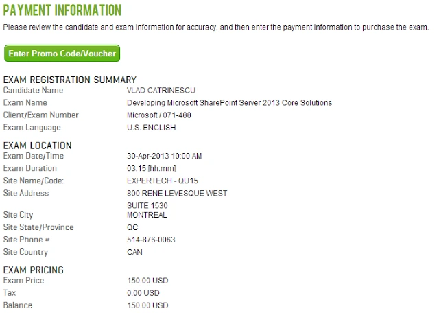 Prometric payment information page for beta exam 071-488 scheduled on 30 April 2013 in Montreal at 150 USD