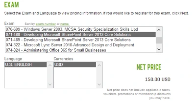Prometric exam list showing the beta exams 071-488 and 071-489 Developing Microsoft SharePoint Server 2013 Core Solutions