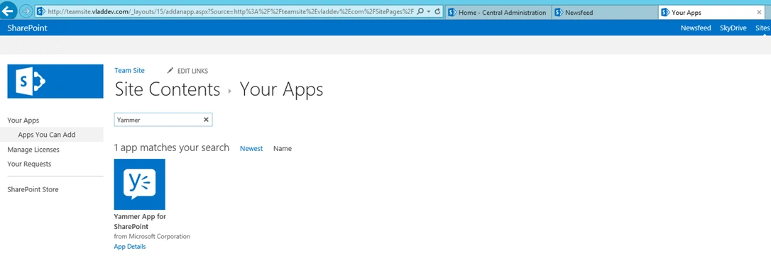 Site Contents Your Apps page in SharePoint 2013 with a search for Yammer returning the Yammer App for SharePoint from Microsoft Corporation