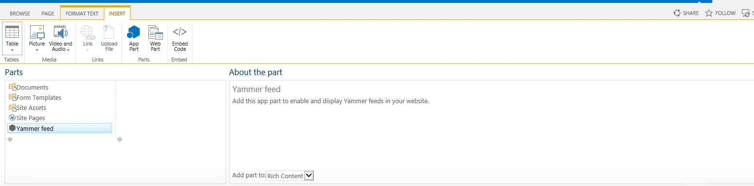 SharePoint 2013 App Part picker now listing Yammer feed, described as an app part to enable and display Yammer feeds in your website