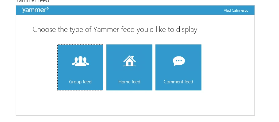 Yammer feed app part setup in SharePoint 2013 asking to choose the feed type, with Group feed, Home feed and Comment feed options