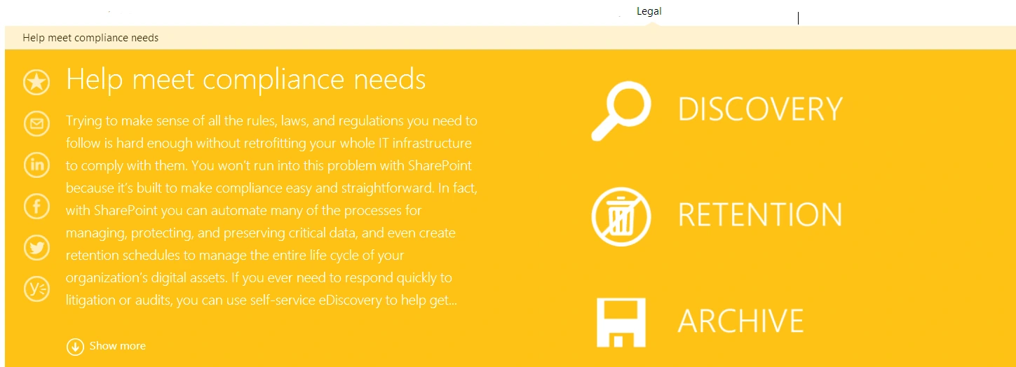 Legal section of the Discover SharePoint site titled Help meet compliance needs, listing Discovery, Retention and Archive