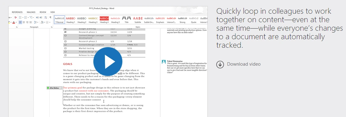 SharePoint 2013 co-authoring video on the Discover SharePoint site showing a Word document with a play button and Download video link