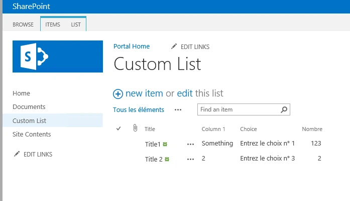 Imported Custom List open in SharePoint 2013 showing its two items, Title1 and Title 2, with Column 1, Choice and Nombre values
