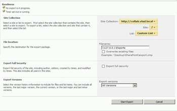 SharePoint 2010 Central Administration Export a site or list page with a custom list selected, a filename set and the Start Export button