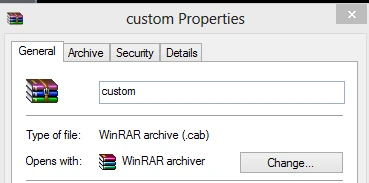 Windows Properties dialog for the exported SharePoint list file renamed to custom.cab, now recognized as a WinRAR archive