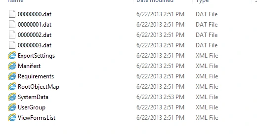 Extracted .cab contents: four .dat files plus ExportSettings, Manifest, Requirements, RootObjectMap, SystemData, UserGroup and ViewFormsList XML files