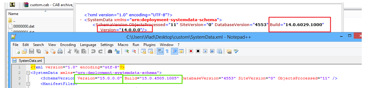 SystemData.xml before and after in Notepad++, Version 14.0.0.0 and Build 14.0.6029.1000 changed to Version 15.0.0.0 and Build 15.0.4505.1005