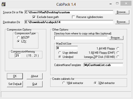 CabPack 1.4 with the extracted folder as source, a destination directory and MyCusttomList.cab as the CabinetNameTemplate