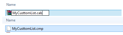 File Explorer showing MyCusttomList.cab being renamed to MyCusttomList.cmp