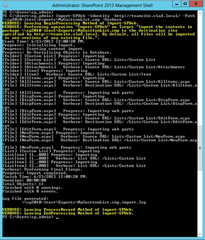 SharePoint 2013 Management Shell running Import-SPWeb -Verbose, importing the Custom List with 0 warnings and 0 errors