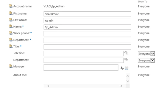 Sp_Admin user profile edit page in SharePoint 2013 Central Administration with the About me field empty