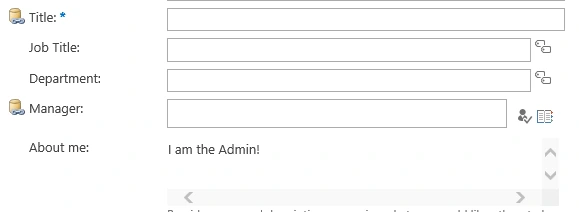 SharePoint 2013 user profile edit page with the About me field now showing I am the Admin! after removing the second HTML property