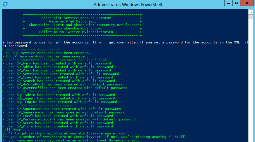 SharePoint Service Account Creator output listing the SP and SQL service accounts created with the default password