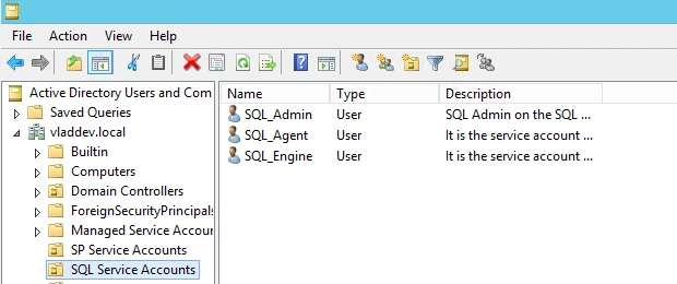 Active Directory Users and Computers showing the SQL Service Accounts OU in vladdev.local with the SQL_Admin, SQL_Agent and SQL_Engine users