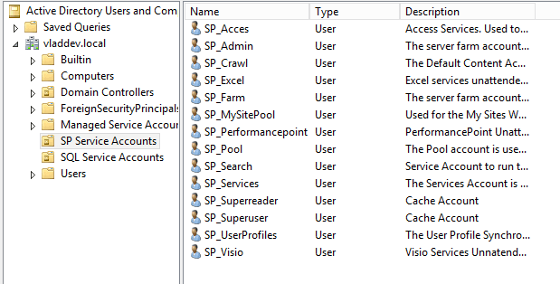Active Directory Users and Computers, SP Service Accounts OU with SP_Admin, SP_Farm, SP_Pool, SP_Search and other SharePoint 2013 service accounts