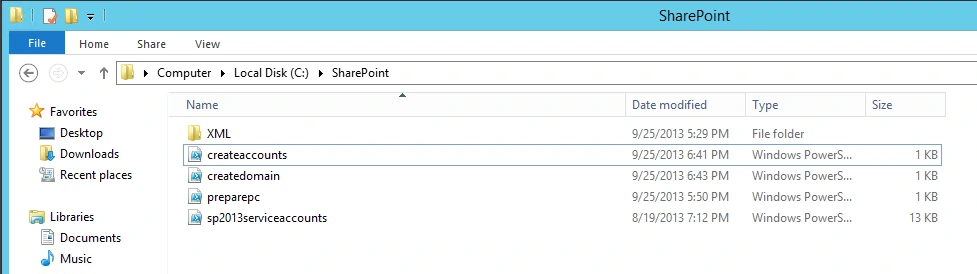 C:\SharePoint folder holding the XML folder and the createaccounts, createdomain, preparepc and sp2013serviceaccounts PowerShell scripts