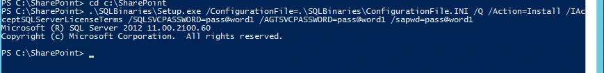 PowerShell window running SQLBinaries\Setup.exe with ConfigurationFile.INI and the service account passwords for a quiet SQL Server 2012 install