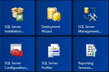 Windows Server 2012 Start screen with SQL Server tiles for Installation Center, Management Studio, Configuration Manager, Profiler and Reporting Services