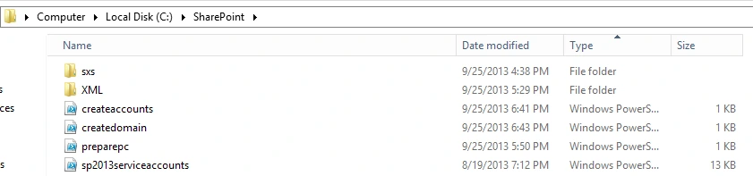 C:\SharePoint folder in File Explorer with the sxs folder copied in next to the XML folder and the four PowerShell scripts