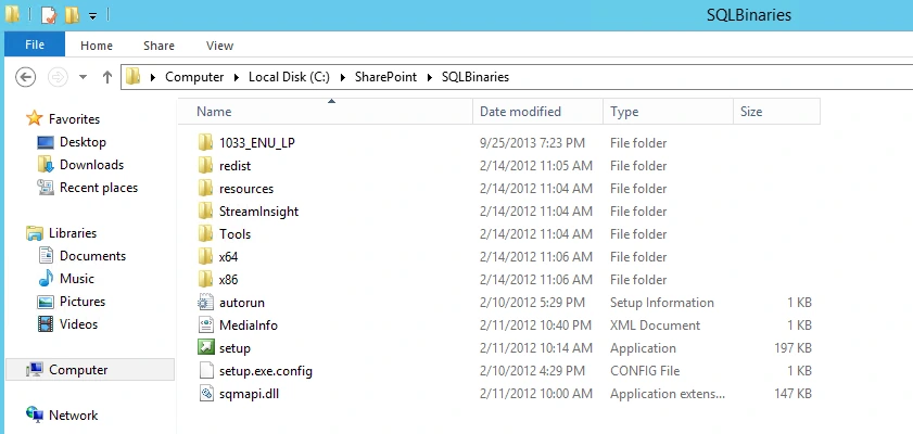 C:\SharePoint\SQLBinaries folder holding the copied SQL Server 2012 media with the x64, x86 and redist folders and setup.exe