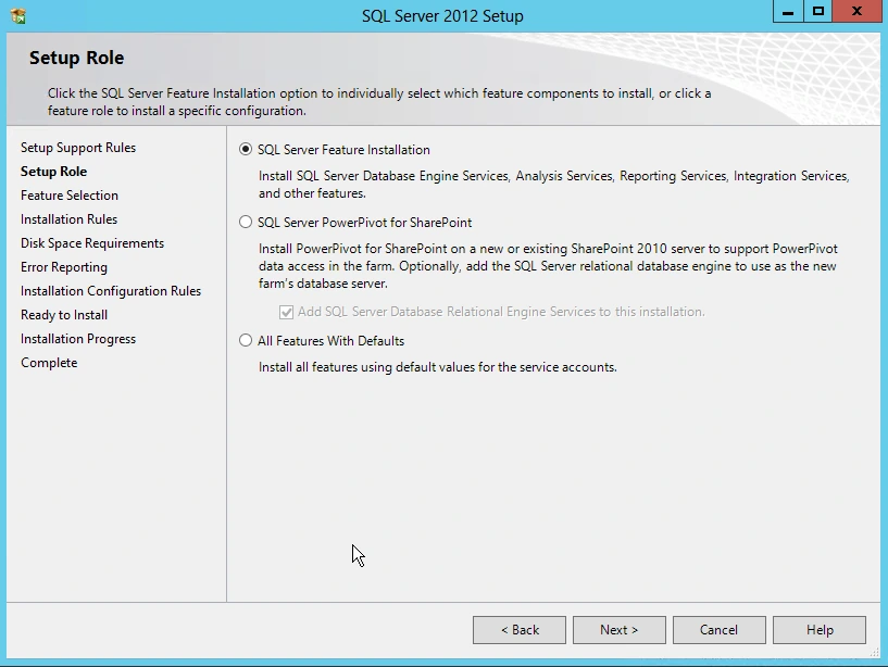SQL Server 2012 Setup Role page with the SQL Server Feature Installation option selected