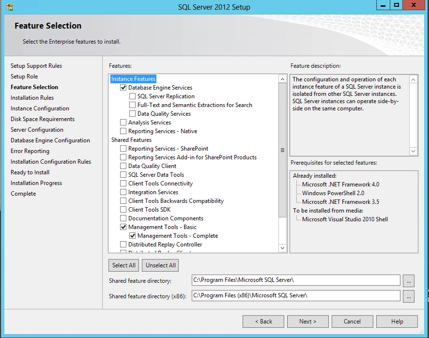 SQL Server 2012 Setup Feature Selection page with Database Engine Services and Management Tools Complete checked