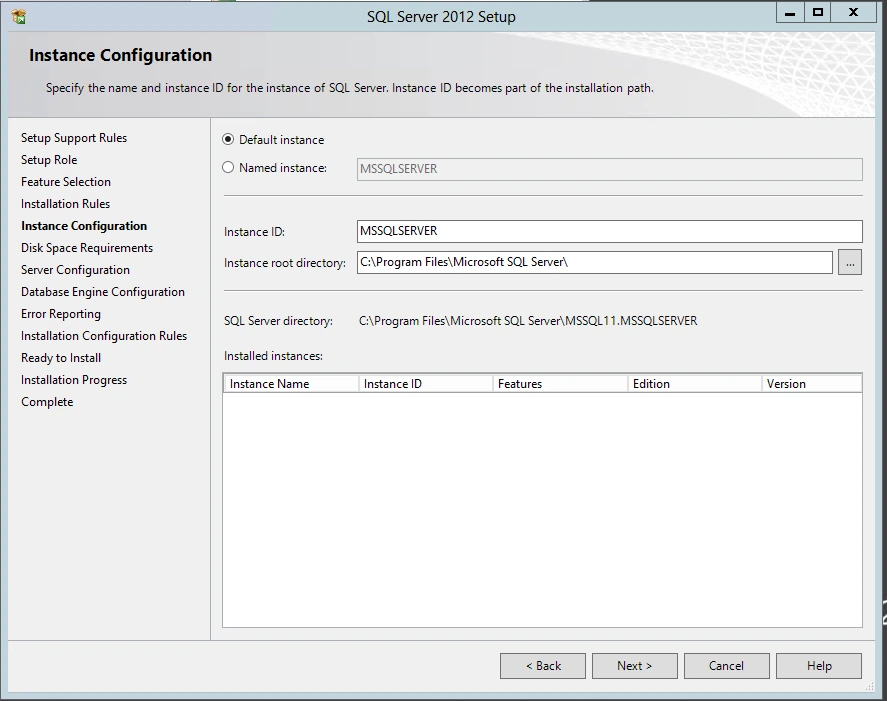 SQL Server 2012 Setup Instance Configuration page with Default instance selected and the instance ID left as MSSQLSERVER