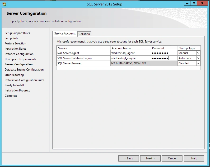 SQL Server 2012 Setup Server Configuration page with the SQL Server Agent running as VladDev\sql_agent and the Database Engine as vladdev\sql_engine