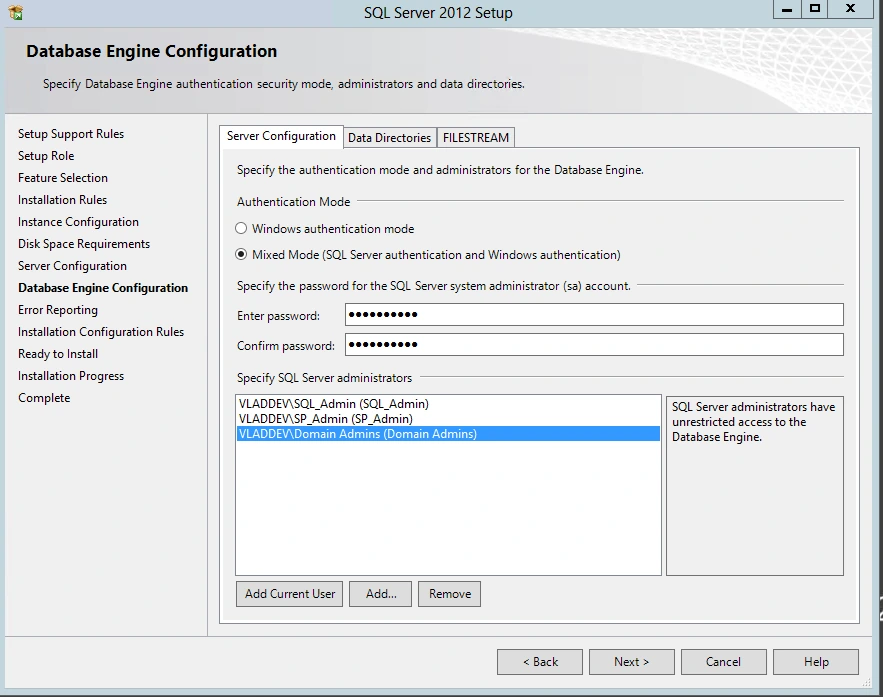 SQL Server 2012 Setup Database Engine Configuration page set to Mixed Mode with VLADDEV\SQL_Admin, SP_Admin and Domain Admins as SQL Server administrators