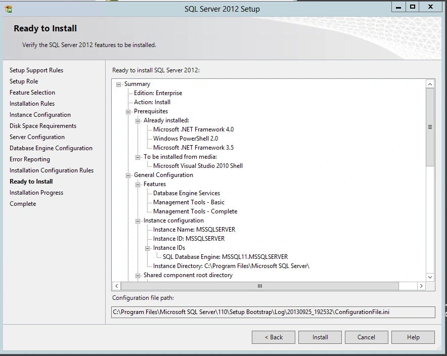 SQL Server 2012 Setup Ready to Install page listing the install summary and the ConfigurationFile.ini path under Setup Bootstrap\Log at the bottom