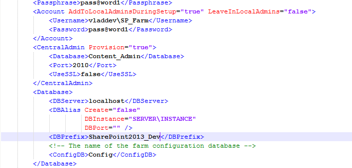 AutoSPInstallerInput.xml farm section with vladdev SP_Farm account, Central Admin port 2010, localhost DBServer and SharePoint2013_Dev DBPrefix