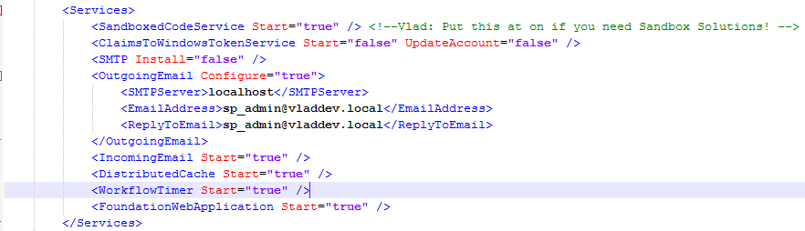 AutoSPInstallerInput.xml Services section starting SandboxedCodeService, Outgoing Email on localhost, Distributed Cache and Workflow Timer