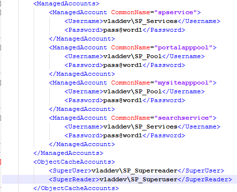 AutoSPInstallerInput.xml ManagedAccounts section with vladdev SP_Services and SP_Pool for the service and app pool accounts, plus ObjectCacheAccounts