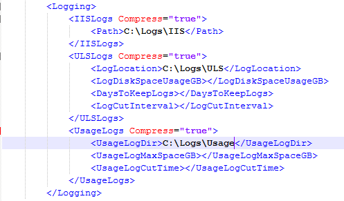 AutoSPInstallerInput.xml Logging section with IIS, ULS and Usage log paths changed to C:\Logs