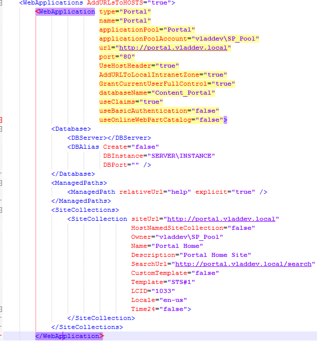 AutoSPInstallerInput.xml Portal web application at http://portal.vladdev.local with SP_Pool app pool, Content_Portal database and STS#1 root site