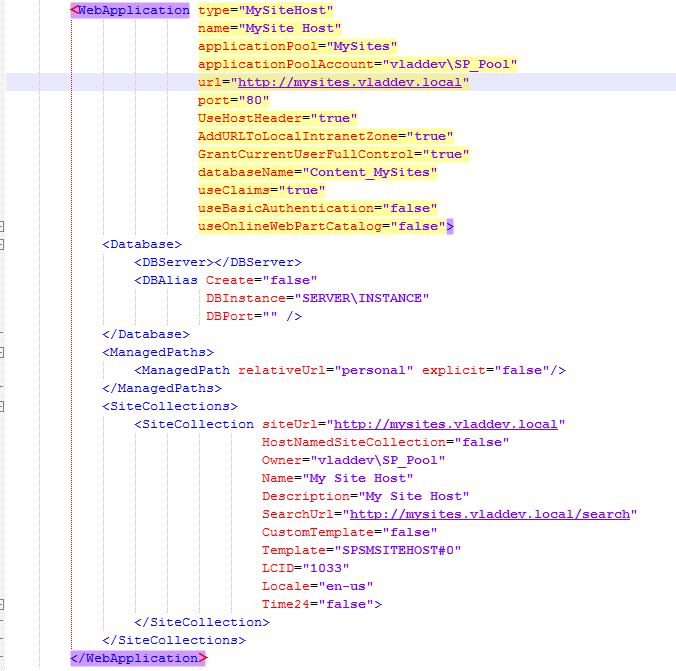 AutoSPInstallerInput.xml MySiteHost web application at http://mysites.vladdev.local with Content_MySites database and SPSMSITEHOST#0 site collection